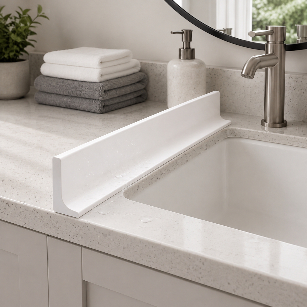 White silicone water splash guard installed along a bathroom countertop to help control water