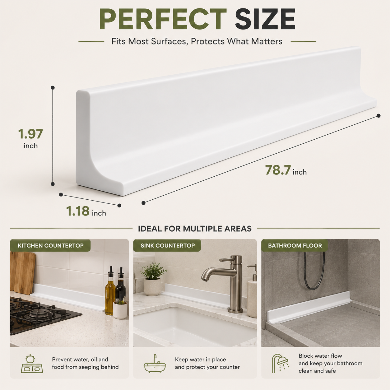 White silicone water splash guard showing 1.97-inch height, 1.18-inch base width and 78.7-inch length