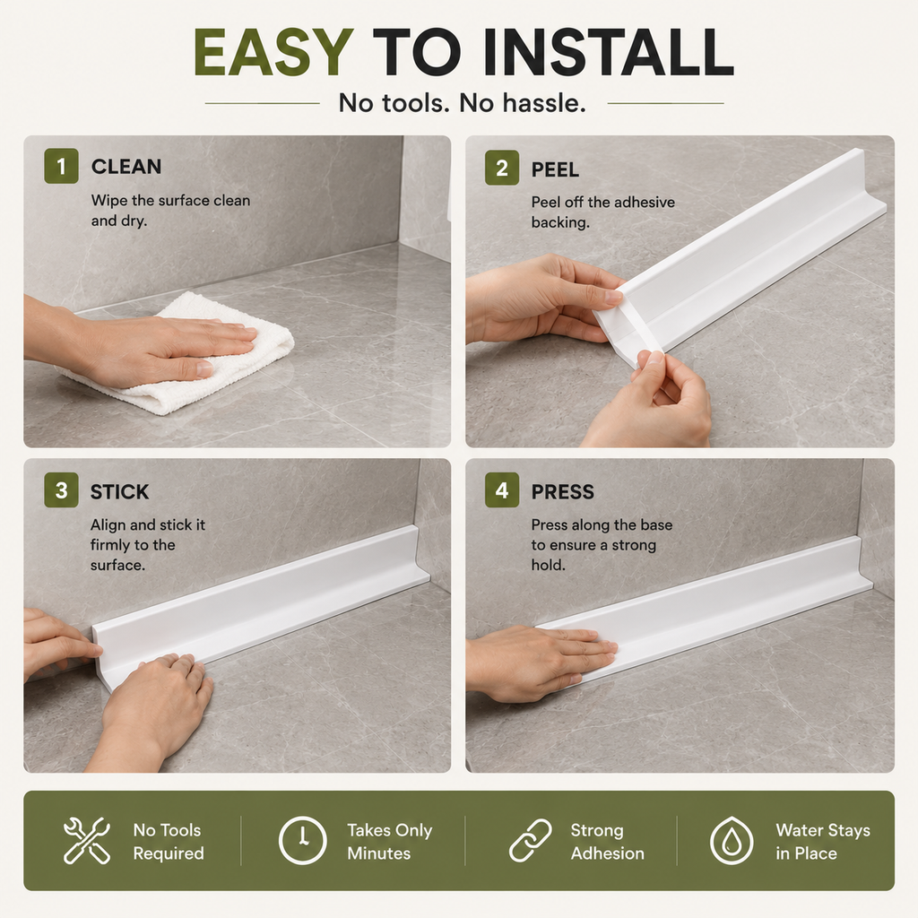 Step-by-step installation of a white silicone water splash guard on a clean countertop surface