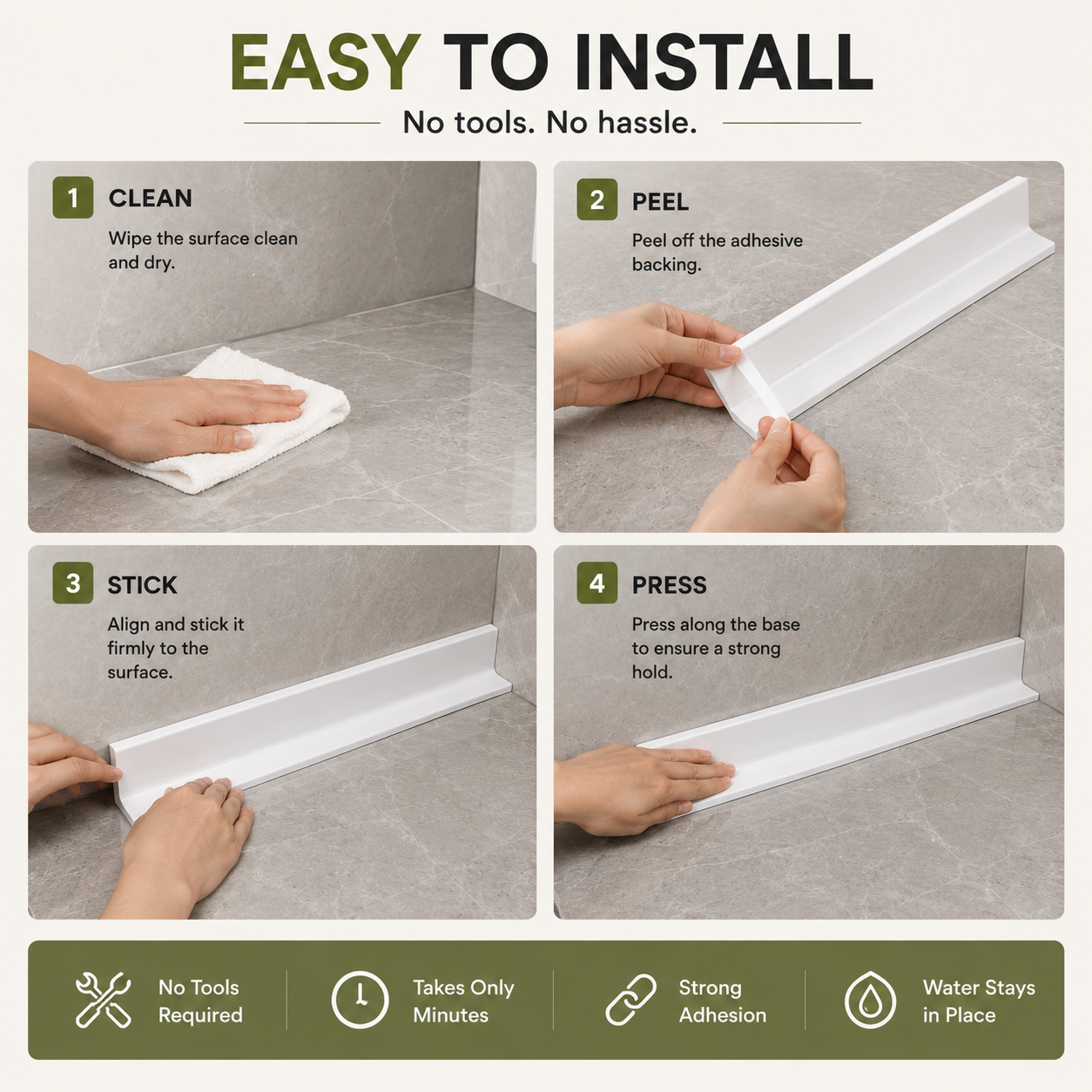Step-by-step installation of a white silicone water splash guard on a clean countertop surface