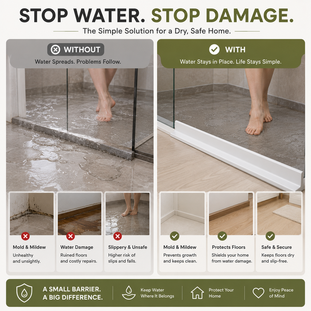 Before and after comparison showing a silicone water barrier helping prevent water from spreading across a bathroom surface