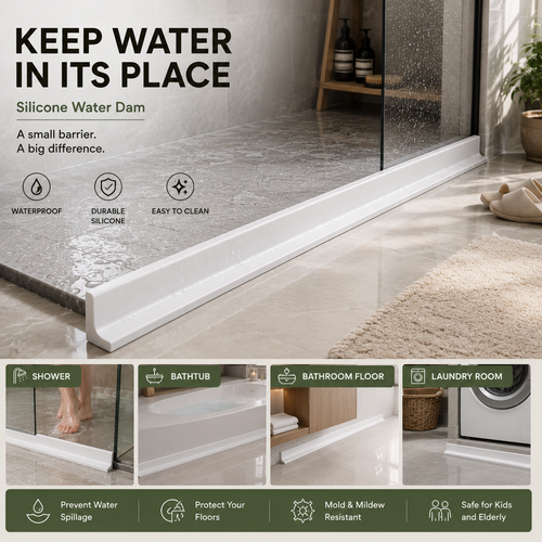 White silicone water splash guard installed along a bathroom countertop to help control water
