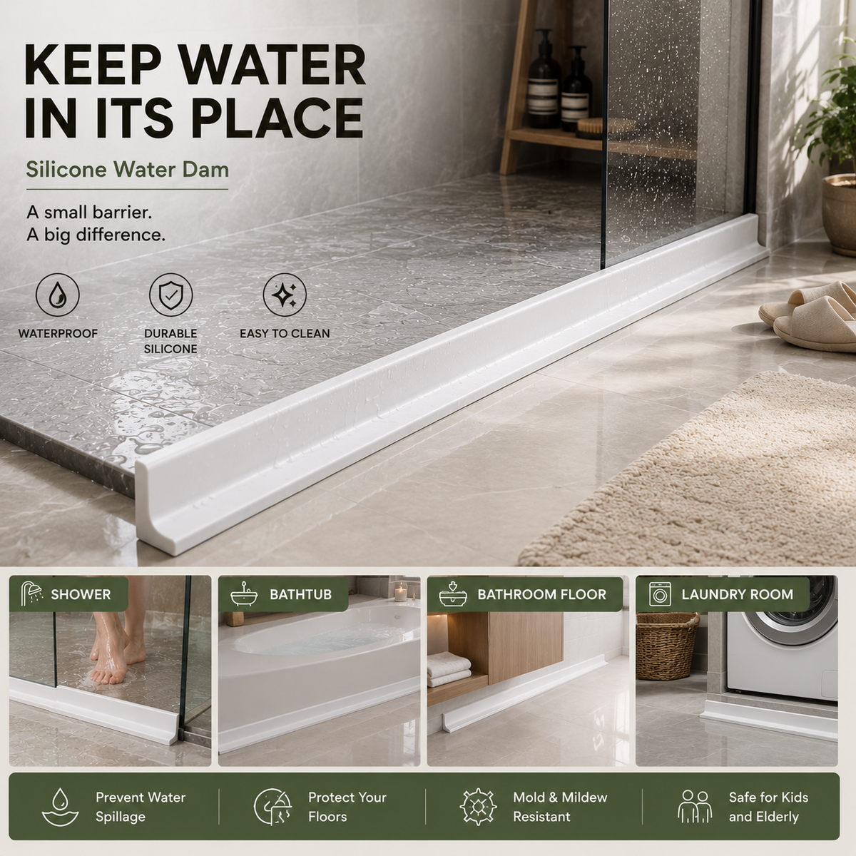 White silicone water splash guard installed along a bathroom countertop to help control water