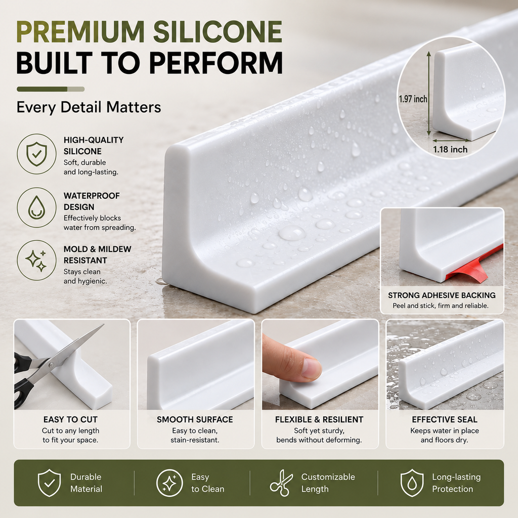 Close-up of flexible white silicone water splash guard showing its L-shaped design and adhesive backing