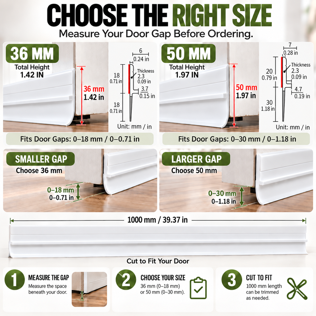 Door bottom seal size guide comparing 36 mm and 50 mm options for different door gaps