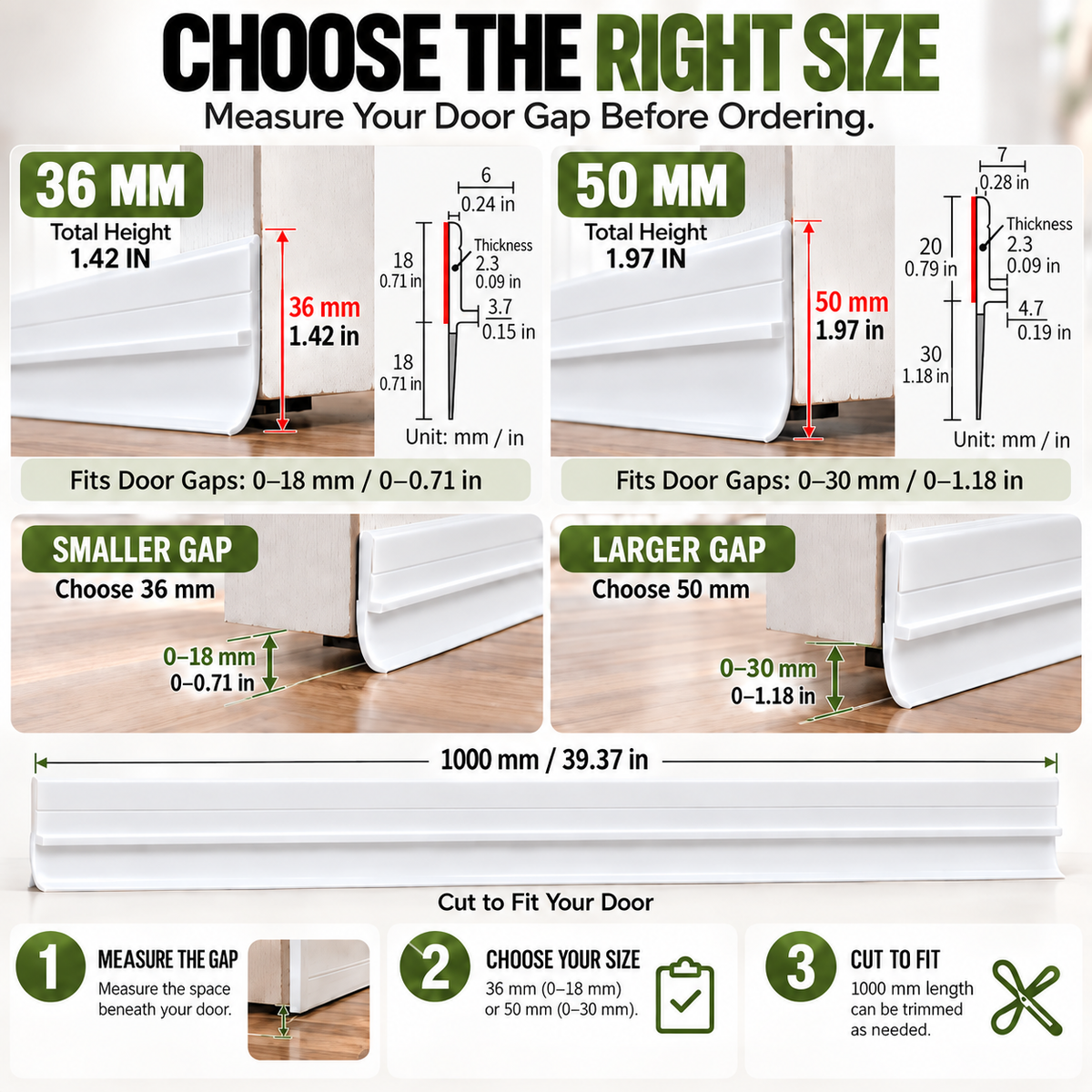 Door bottom seal size guide comparing 36 mm and 50 mm options for different door gaps