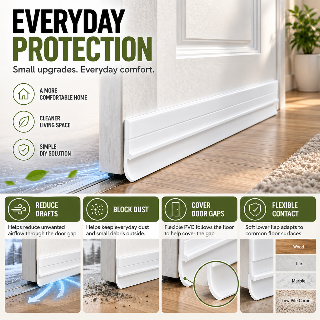 Flexible door bottom seal helping reduce drafts, dust, noise and insects through the gap beneath a door
