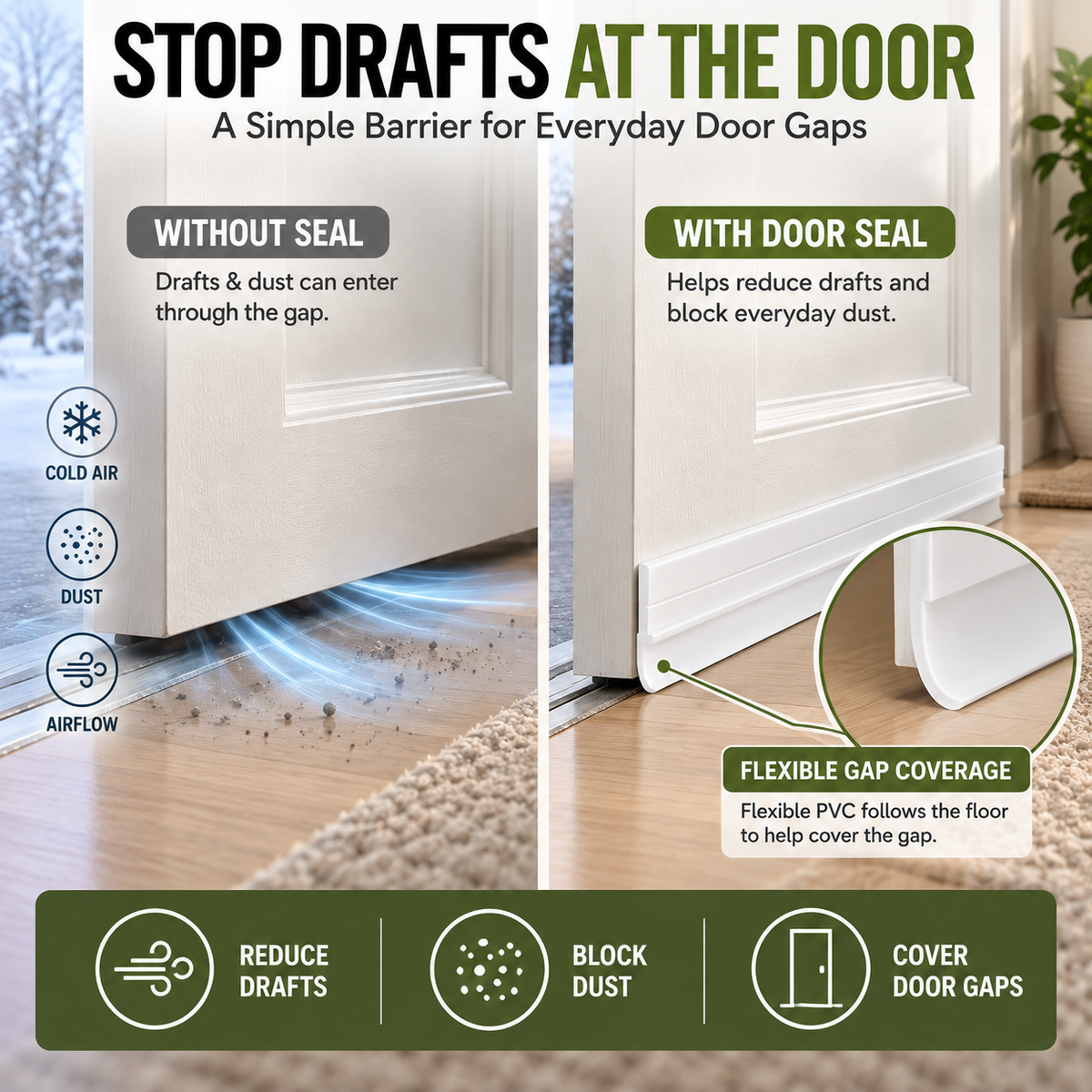 White door draft stopper installed along the bottom of a home door to help seal the floor gap