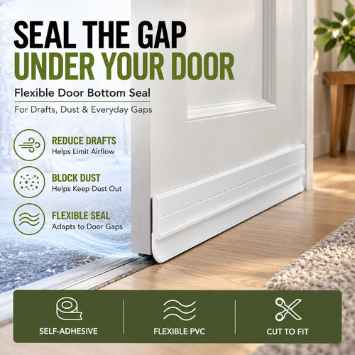 White flexible door bottom seal installed beneath a residential door to help reduce drafts and dust