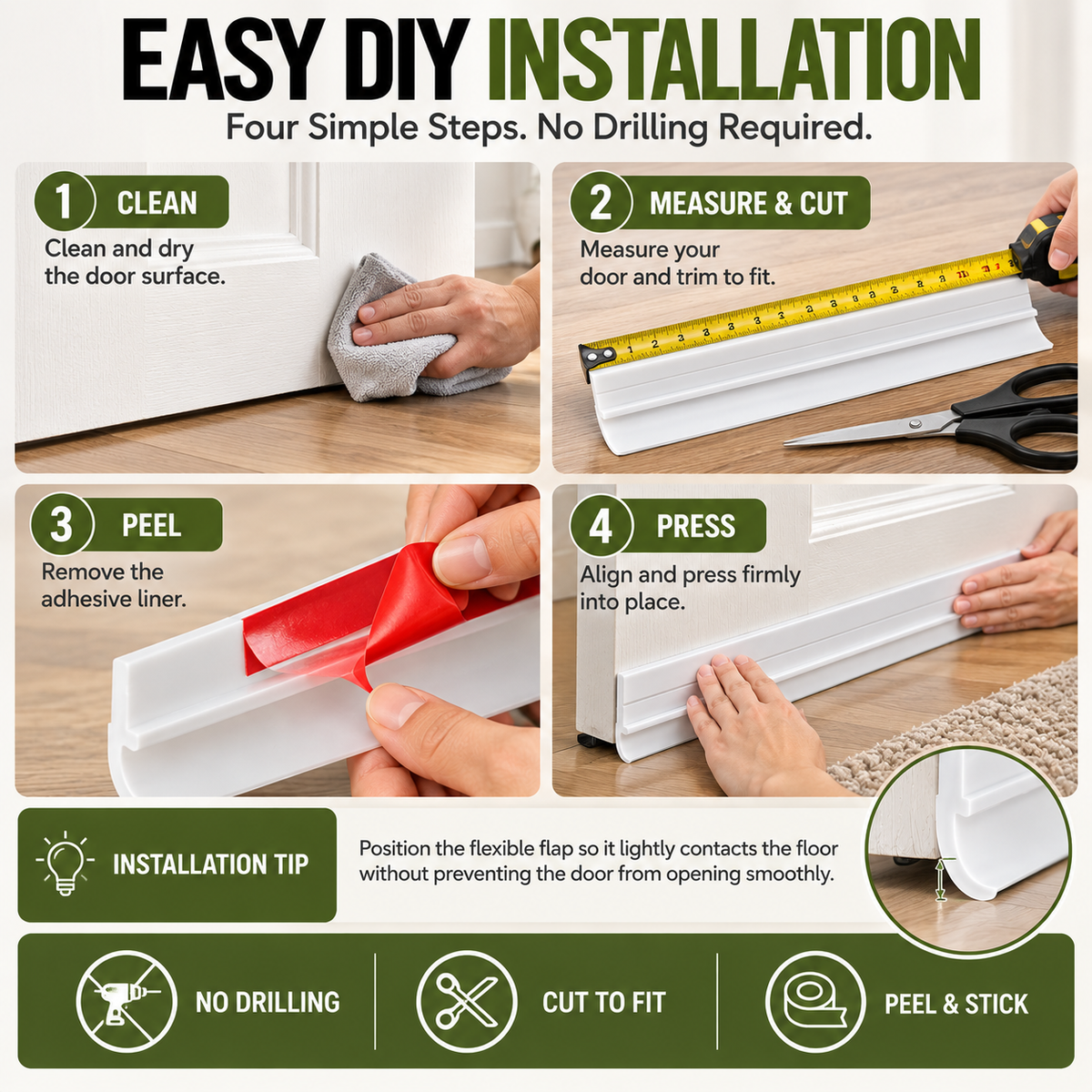 Four-step installation guide for a self-adhesive door bottom seal with no drilling required
