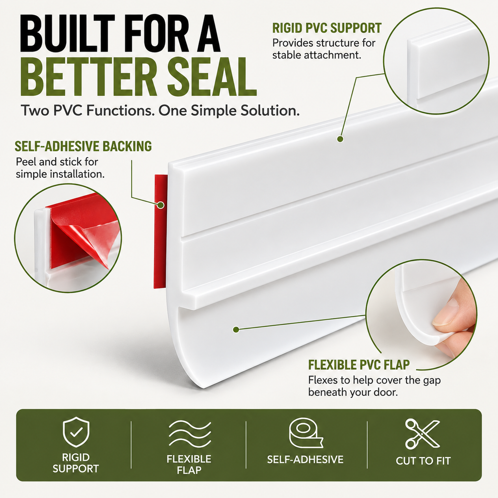 White self-adhesive PVC door bottom seal with rigid support and flexible lower flap