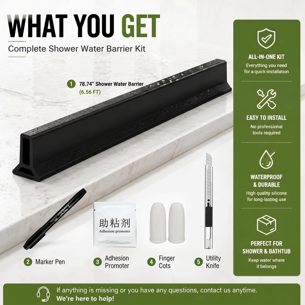 Complete silicone shower water barrier installation kit including seal strip, cutting tool, adhesion promoter and accessories