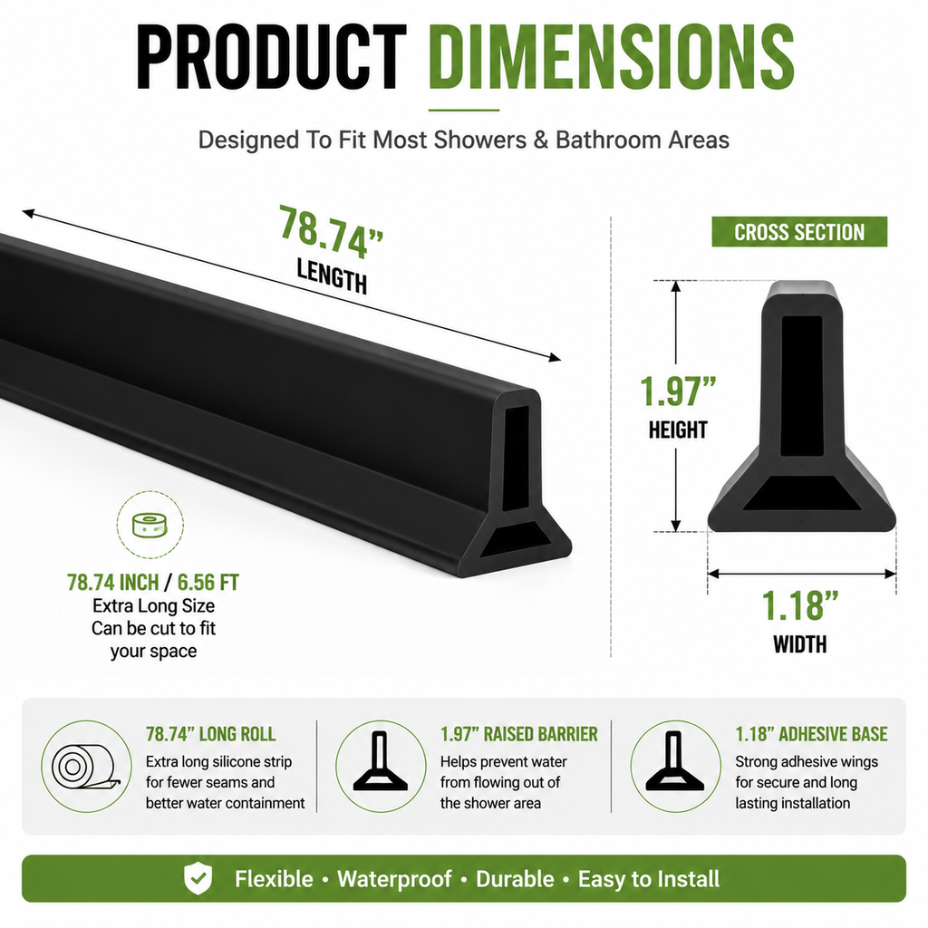 Silicone shower threshold strip size dimensions showing 1.18 inch width, 1.97 inch height and 78.74 inch length
