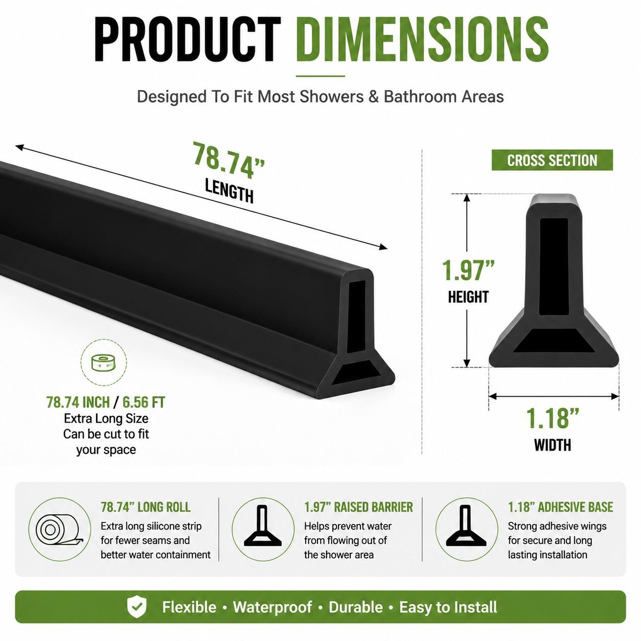 Silicone shower threshold strip size dimensions showing 1.18 inch width, 1.97 inch height and 78.74 inch length