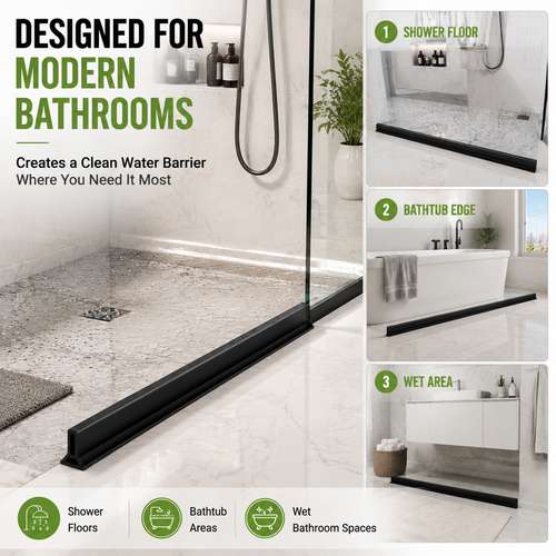Silicone shower water barrier installed on bathroom floor to prevent shower water from leaking outside