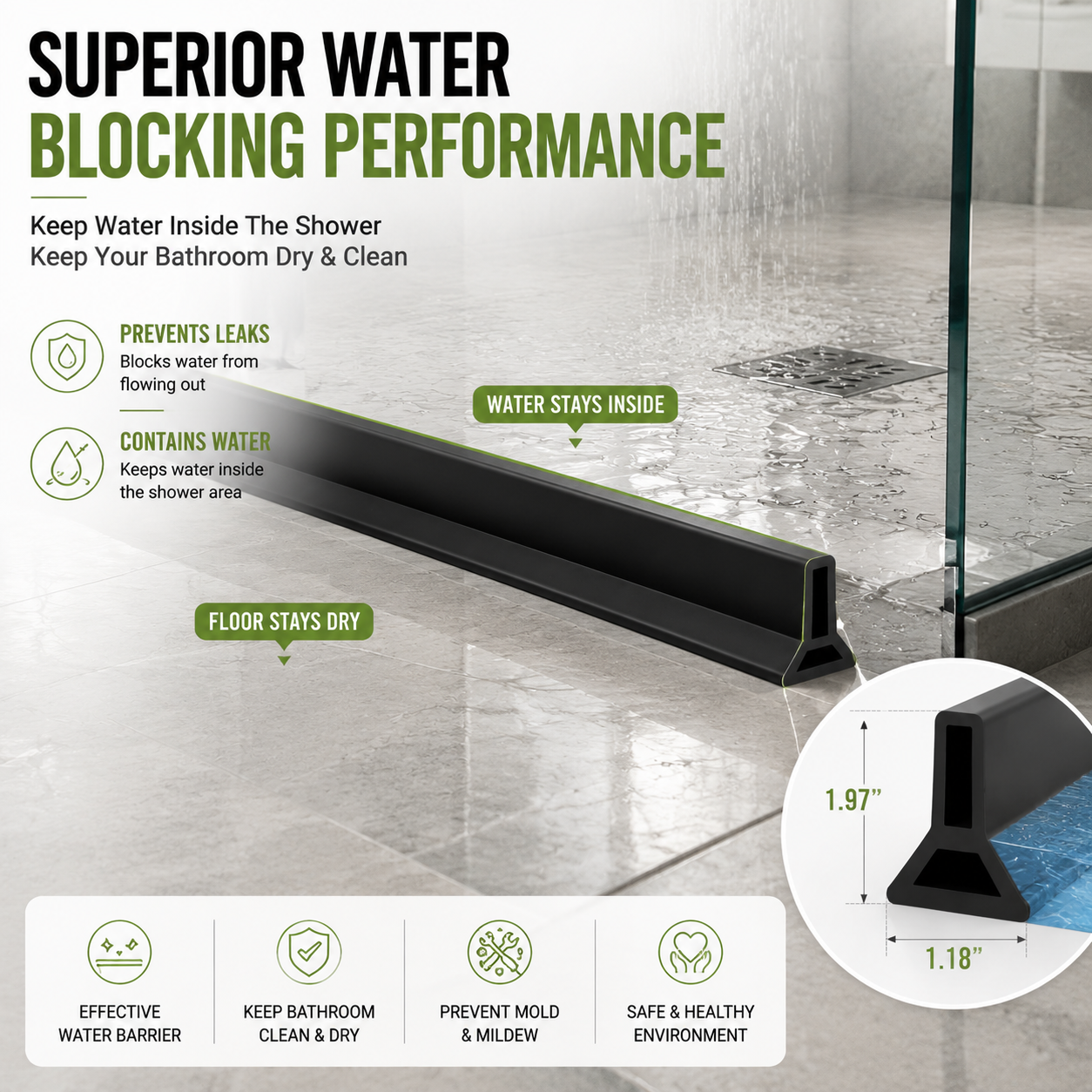 Waterproof silicone shower barrier keeping shower water contained inside bathroom area