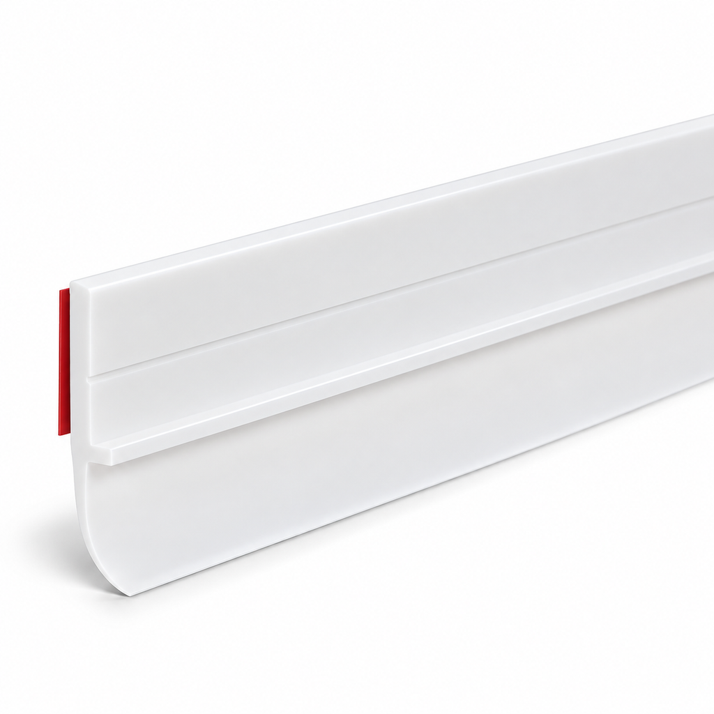 White flexible PVC door bottom seal with rigid attachment section and flexible lower flap